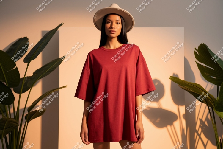 Woman wearing oversized red t shirt and hat image