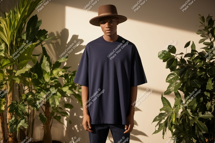 Man wearing dark blue t shirt and brown hat image