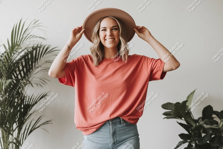 Woman wearing coral t shirt and hat image
