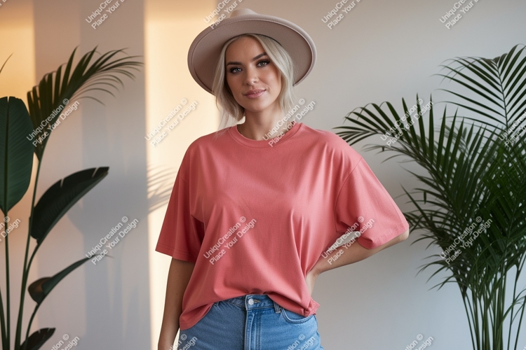 Woman wearing coral t shirt and hat image