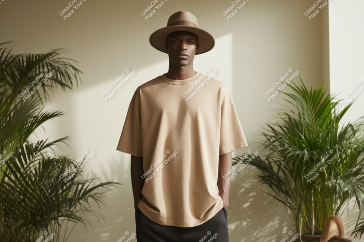 Man wearing beige t shirt and hat image