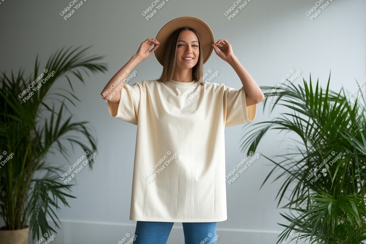 Woman wearing cream t shirt and hat image