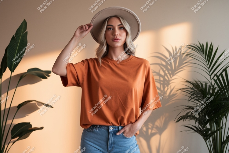 Woman wearing orange t shirt and hat t-shirt jeans