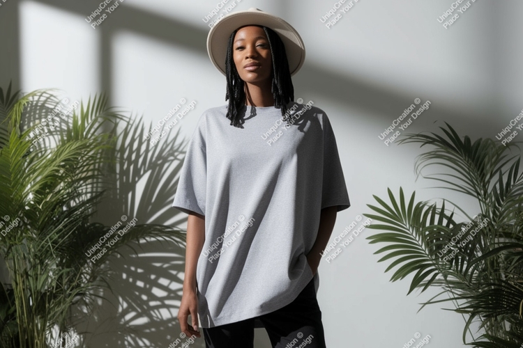 Woman wearing grey t shirt and hat image
