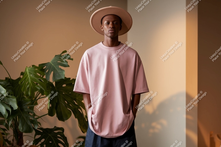Young man wearing pink t-shirt and hat fashion
