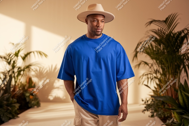 Man wearing blue t shirt and hat image