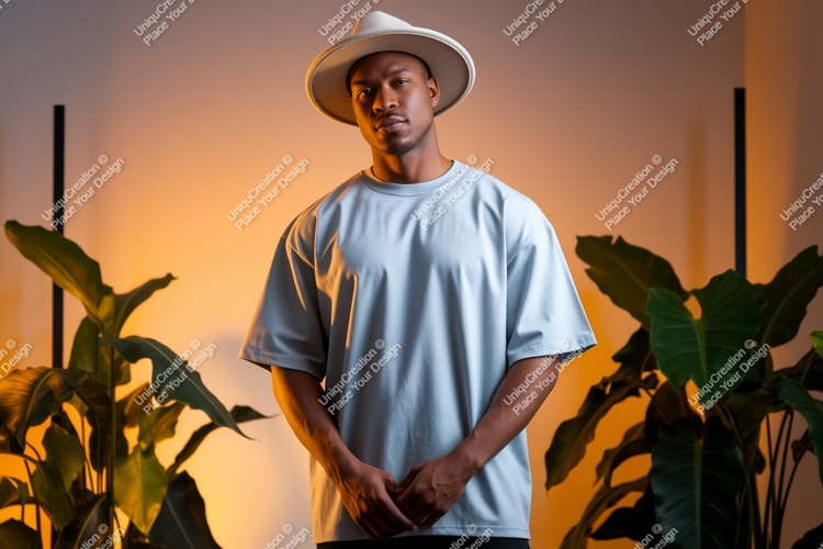 Man wearing light blue t shirt and hat t-shirt