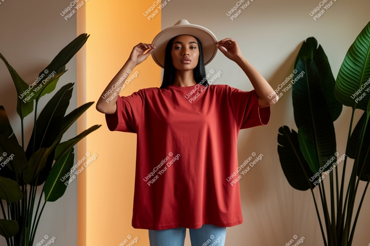 Woman wearing red t shirt and hat t-shirt plants