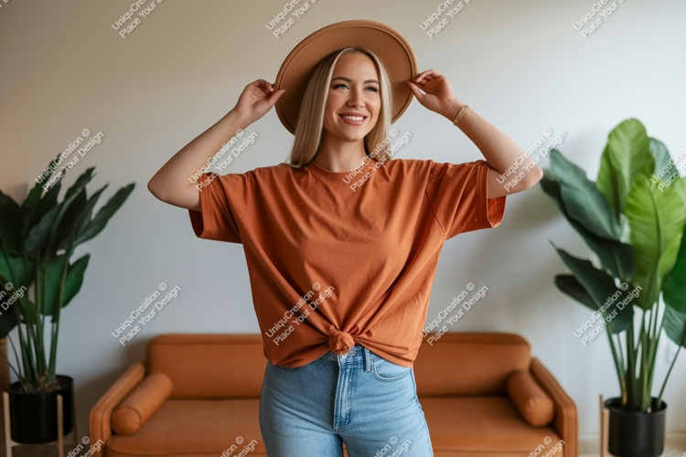 Woman wearing orange t shirt and hat t-shirt denim