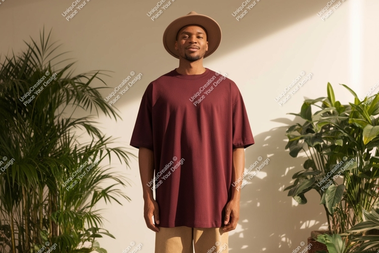 Man wearing maroon t shirt and hat image