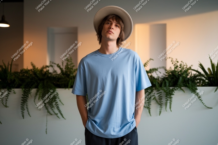 Young man wearing light blue t-shirt and hat image