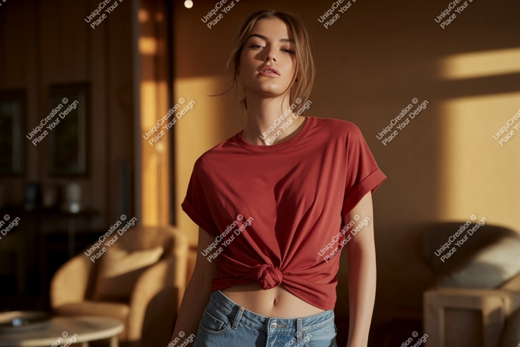 Woman wearing red t shirt and jeans