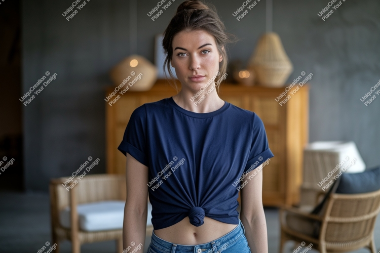 Woman wearing navy blue t-shirt mockup