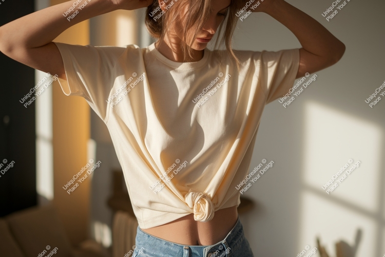 Woman wearing cream t shirt and jeans image