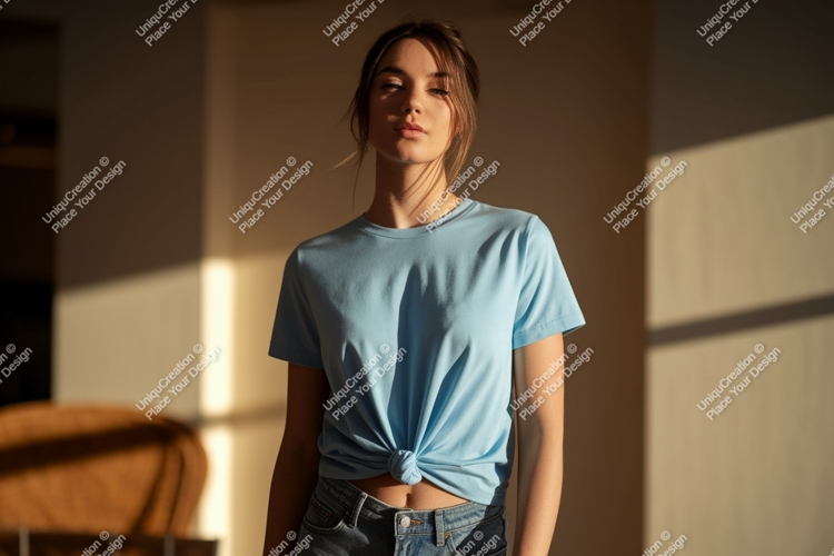 Woman wearing light blue t shirt mockup image