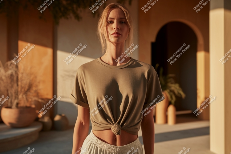 Woman wearing olive green t shirt mockup image