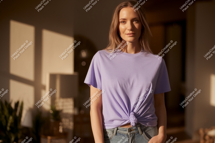 Woman wearing lavender t shirt mockup image