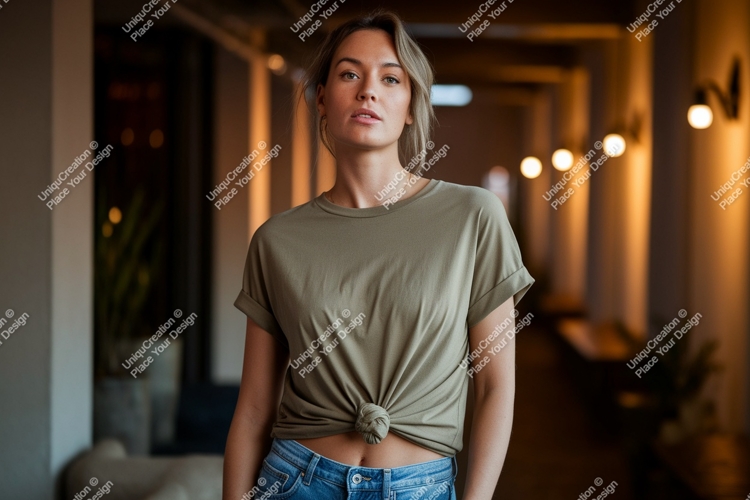 Woman wearing olive green t shirt and jeans