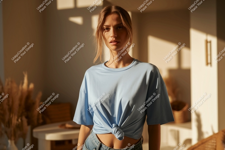 Woman wearing blue t shirt mockup t-shirt fashion