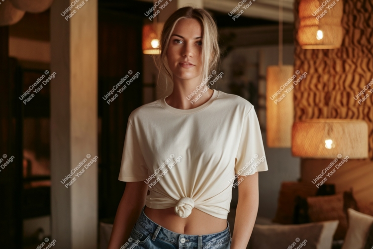 Woman wearing cream t shirt and denim jeans image