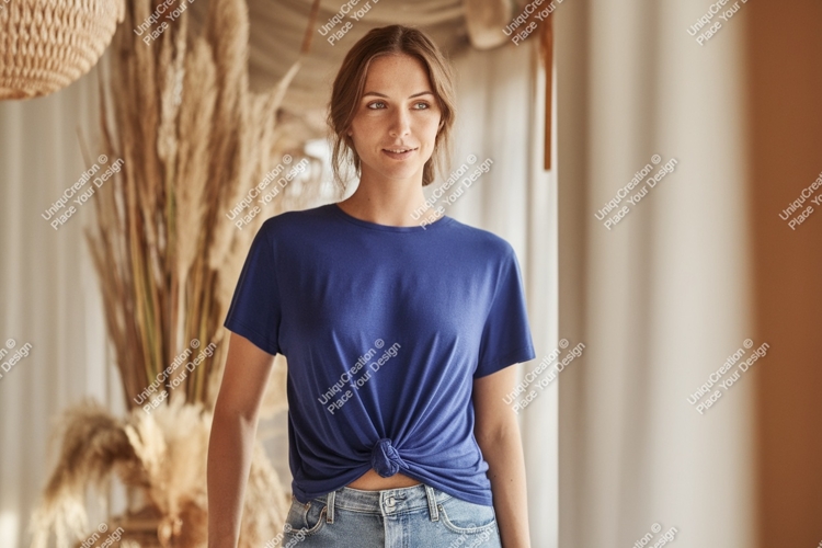 Woman wearing blue t shirt mockup t-shirt casual