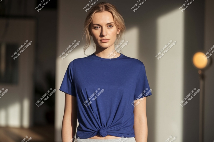 Woman wearing blue t-shirt mockup fashion