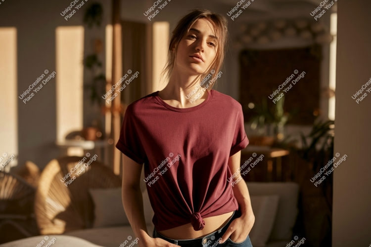Young woman wearing maroon t shirt mockup image
