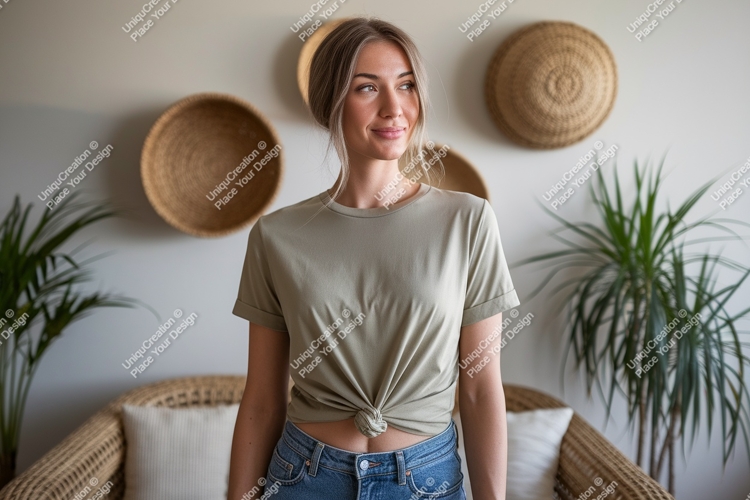 Woman wearing a tan t shirt and denim jeans image