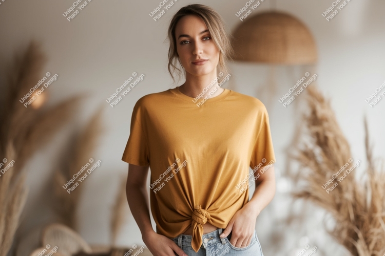 Woman wearing mustard yellow t-shirt