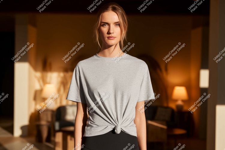 Woman wearing grey t shirt mockup image