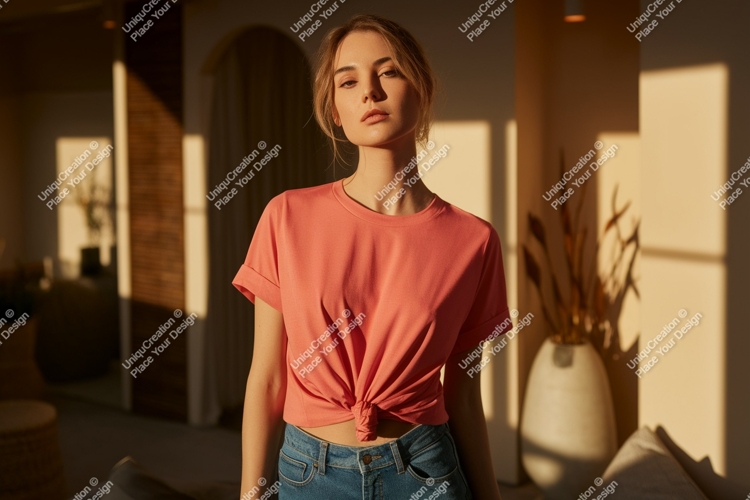 Woman wearing coral t shirt and jeans image