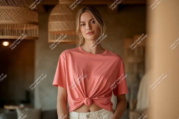 Woman wearing coral t shirt mockup image