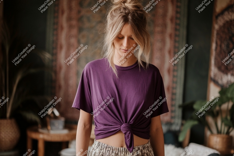 Woman wearing purple t shirt tied at waist