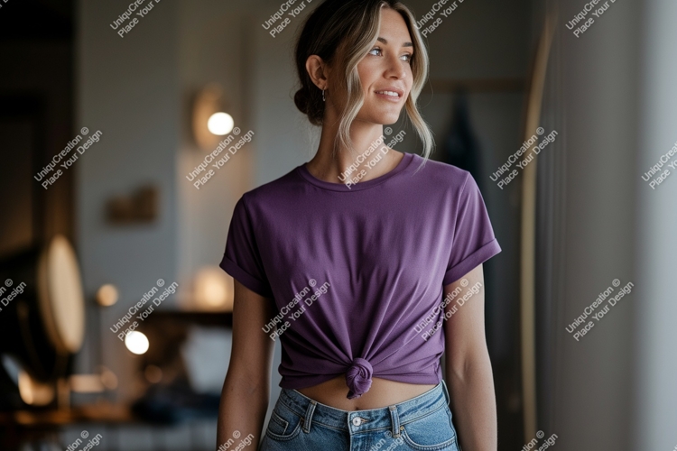 Woman wearing purple t shirt and jeans image
