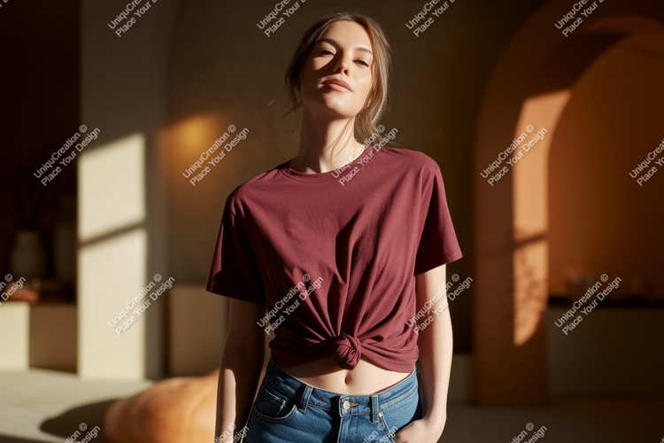 Woman wearing purple t shirt tied at waist