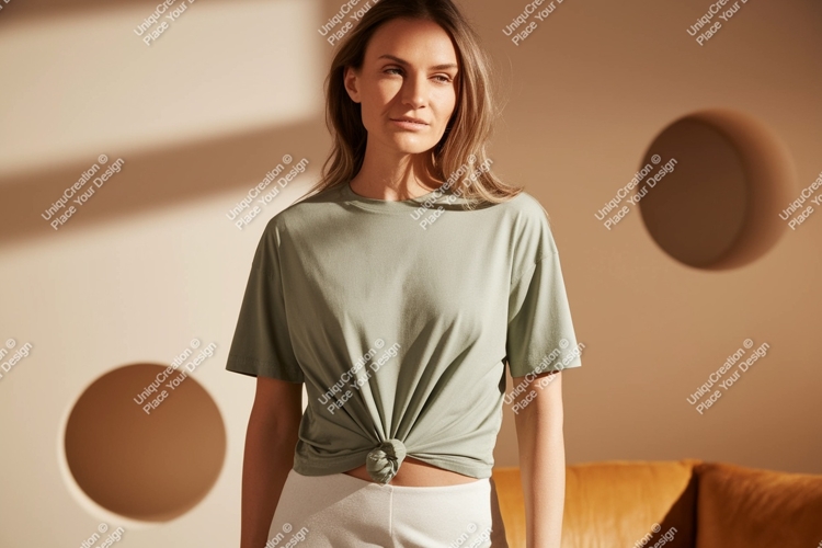 Woman wearing green t shirt mockup image
