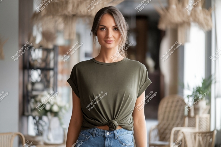 Woman wearing olive green t shirt mockup image
