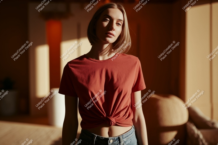 Woman wearing red t shirt mockup t-shirt casual