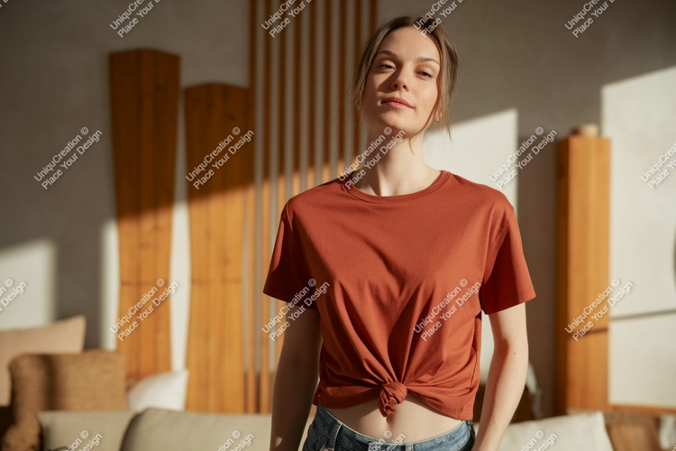 Woman wearing terracotta t shirt mockup