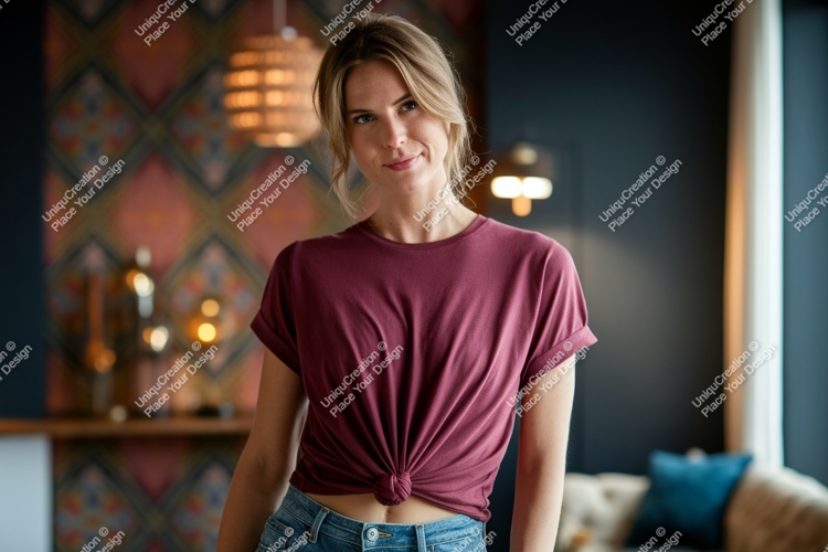 Woman wearing maroon t shirt mockup