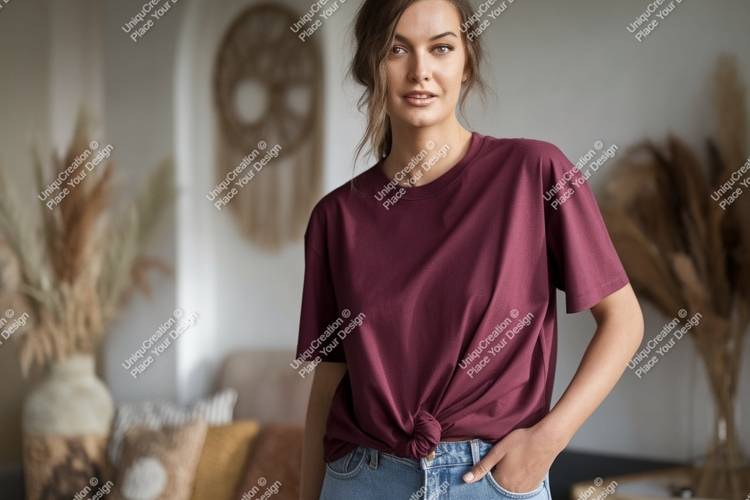 Woman wearing maroon t shirt mockup image