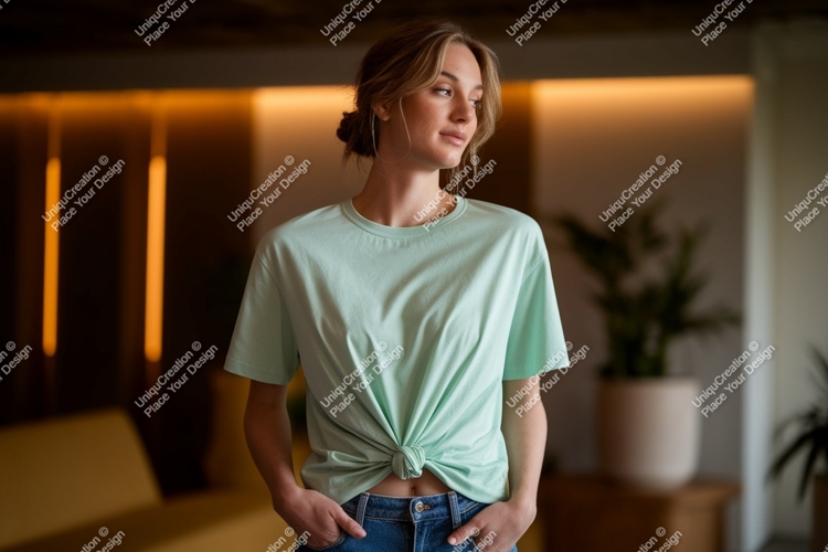 Woman wearing mint green t shirt mockup image