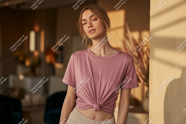 Woman wearing pink t shirt and beige pants image