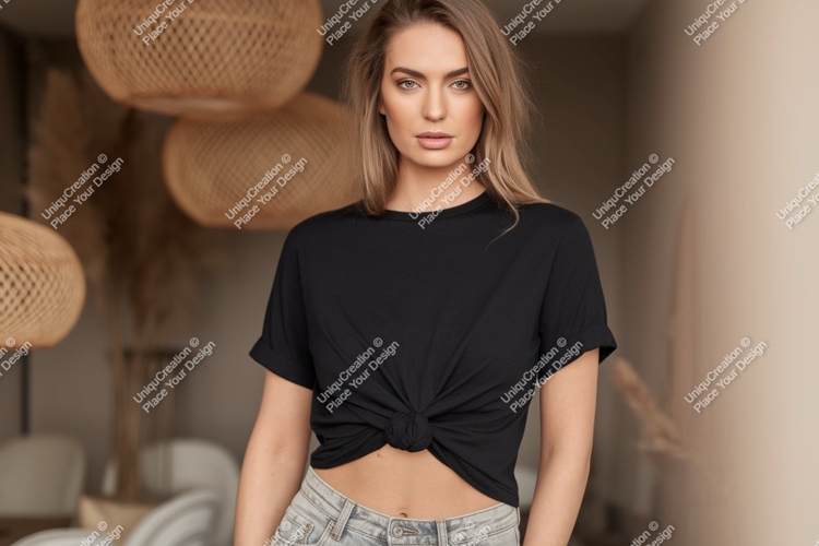 Woman wearing black t shirt mockup image
