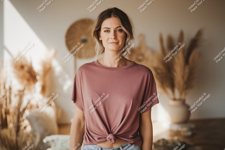 Woman wearing dusty rose t shirt mockup image