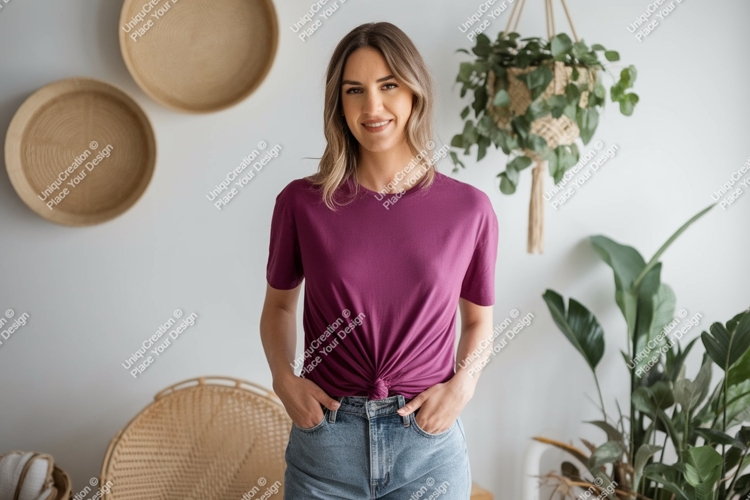 Woman wearing magenta t shirt and denim jeans t-shirt