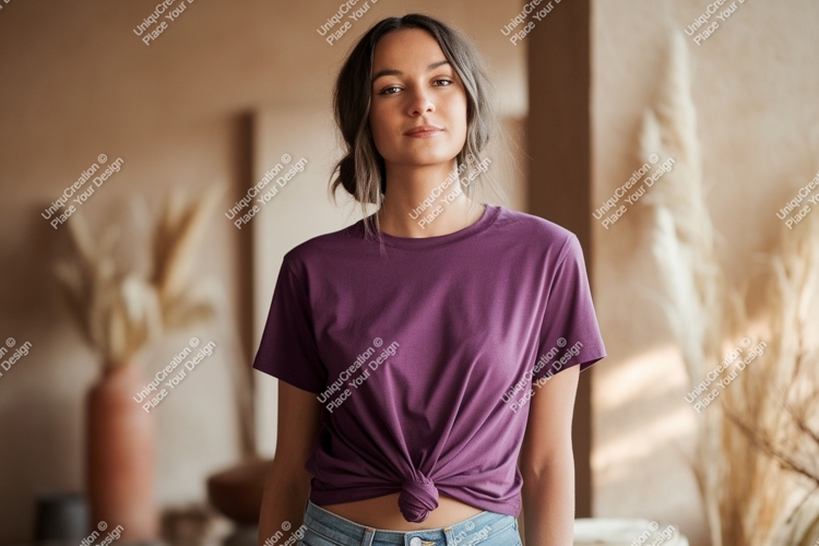 Woman wearing purple t shirt mockup