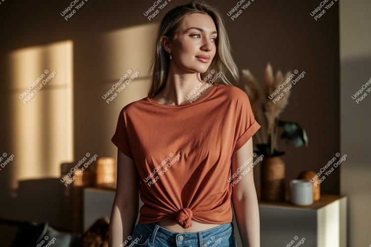 Woman wearing rust colored t shirt jeans