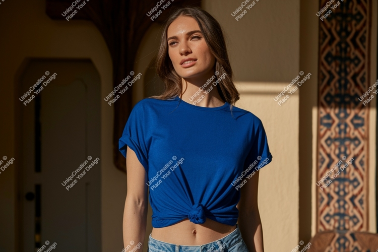 Woman wearing blue t shirt mockup image