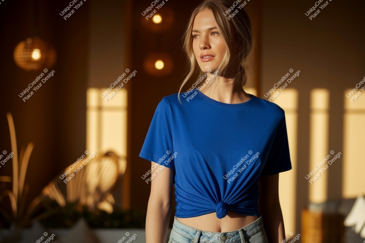 Woman wearing blue t shirt mockup image